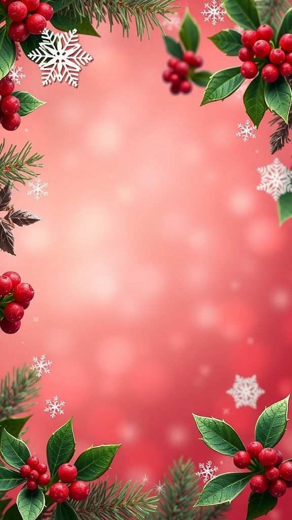 Festive Christmas Card Background Design A festive Christmas card background with red and green colors, snowflakes, and holly.